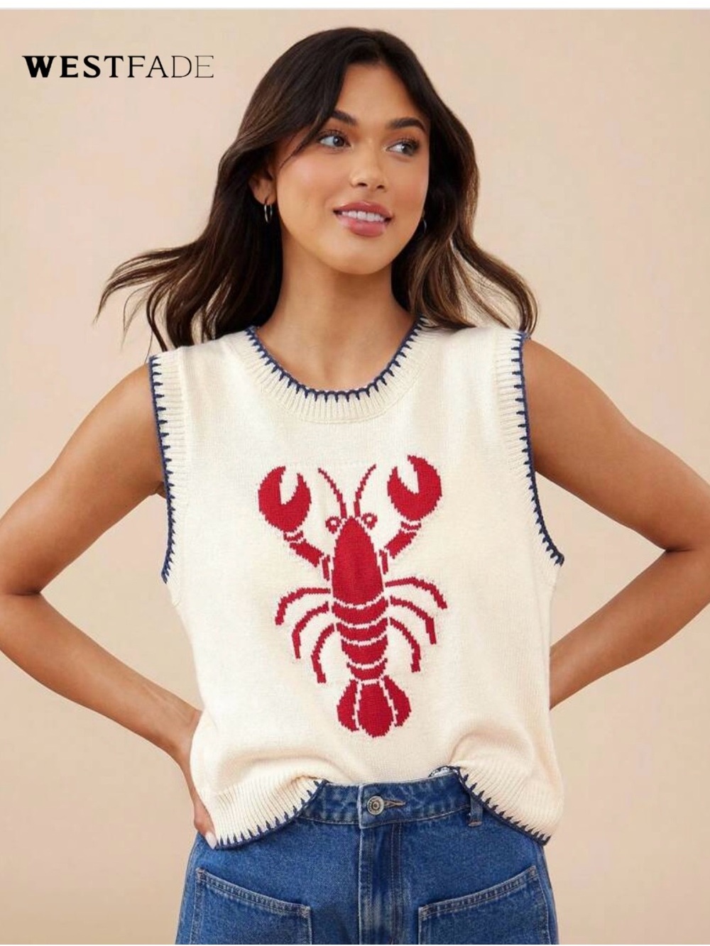 NWOT Westfade Cream Knit Lobster Sleeveless Tank, Summer Top, Size Large